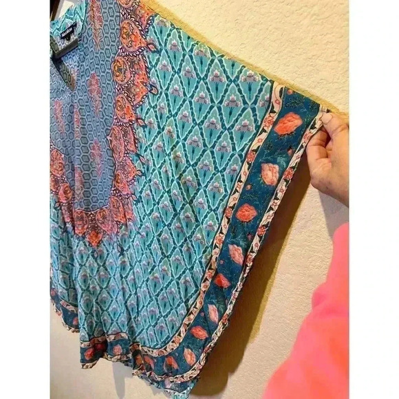 Tolani Womens L Geometric Print Tunic Top Turquoise Boho Artsy Kimono Pullover - Picture 6 of 9